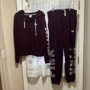 PINK Victoria's Secret Burgundy Sequin Joggers Set Rare EUC